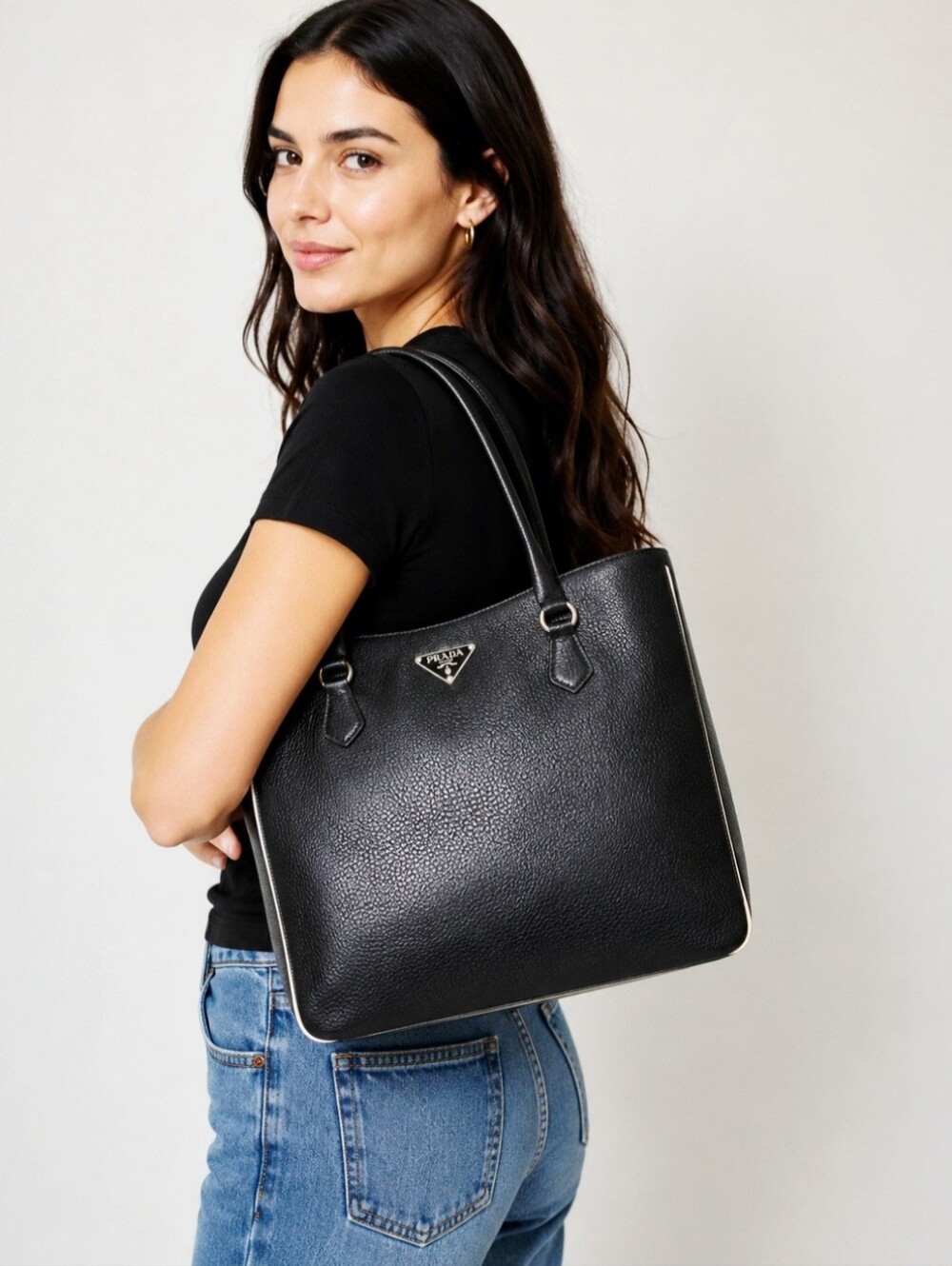 Prada Triangle Logo Black Leather Tote - Picture 3 of 13
